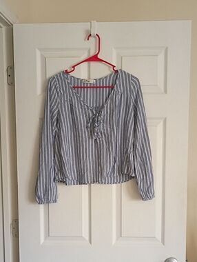 Hollister Blue and White Striped Lace-Up Long Sleeve Top